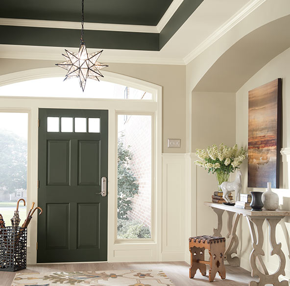 Match your front door and ceiling to bring a touch of color into your neutral space and create an eye-catching accent in your entryway.