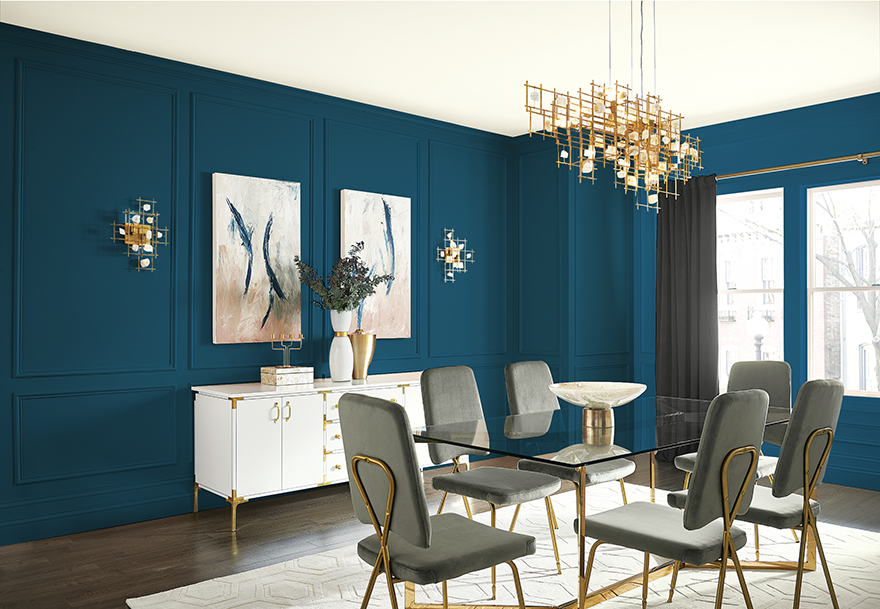 Dining room featuring Sherwin-Williams Endless Sea SW 9150 as the main wall color