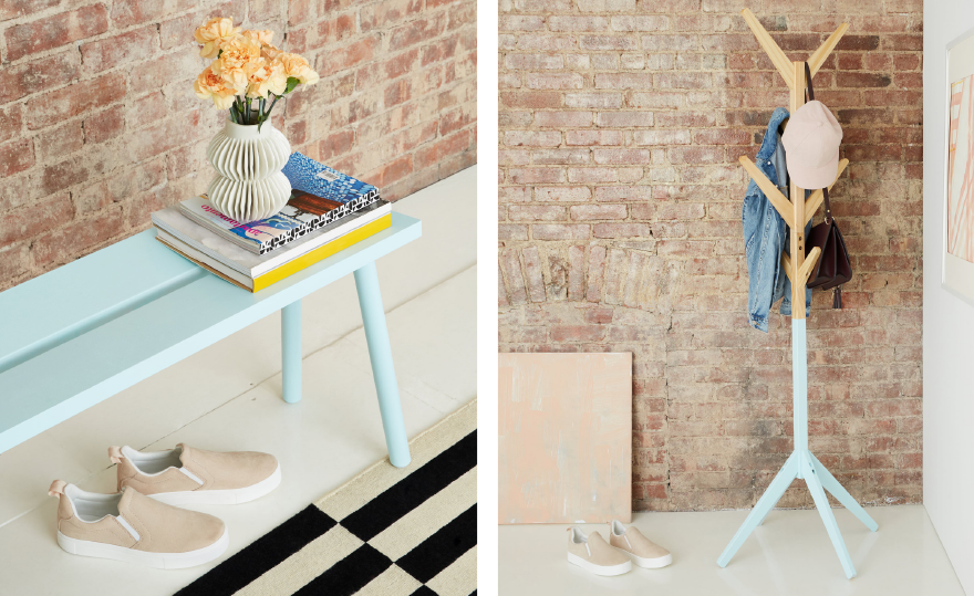 A painted bench and dip-dyed coat rack.