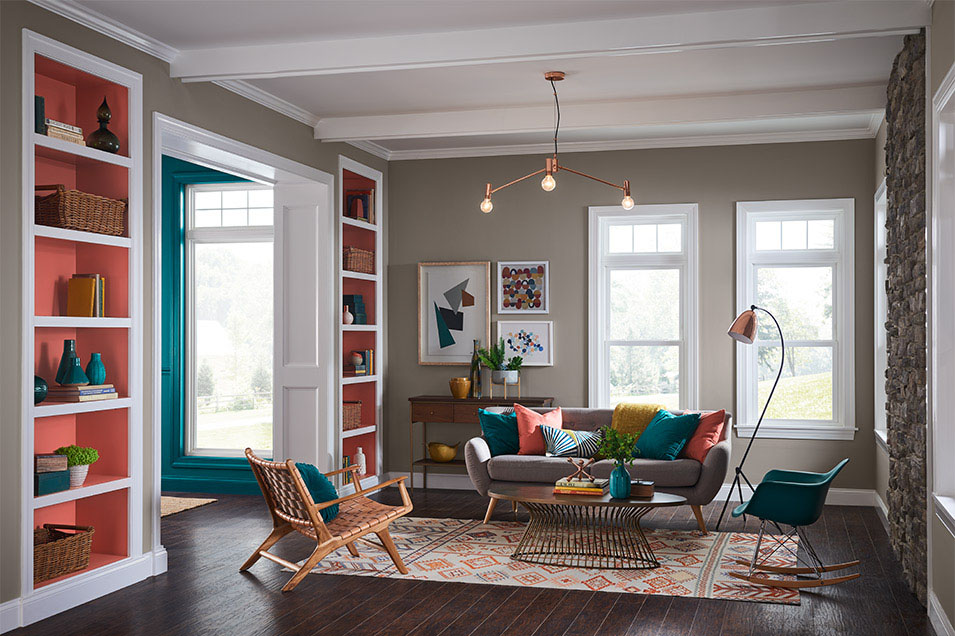 Sherwin-Williams Functional Gray SW 7024 is on the accent wall in the living room
